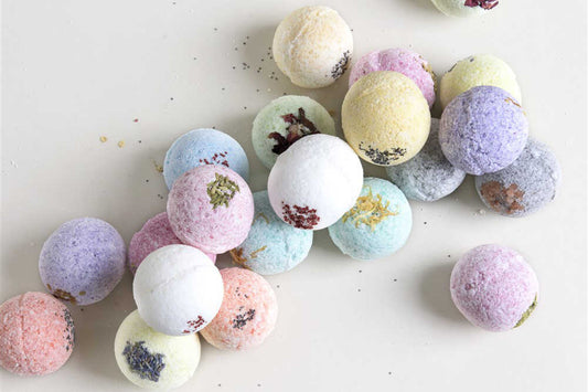 Natural bath bomb and shower steamer gift box styled with dried flowers