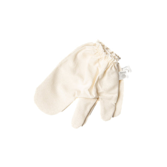 Pair of raw silk garshana gloves folded together on a white background