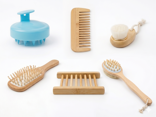 Six-piece bamboo bath and body set laid out on a white background