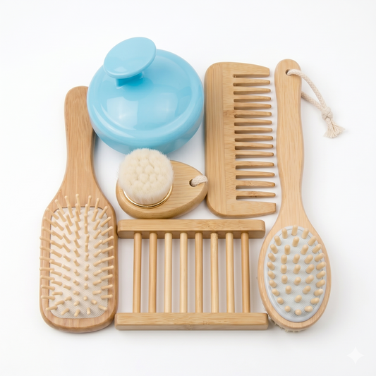 Bamboo bath and body accessories arranged in a second flat lay view