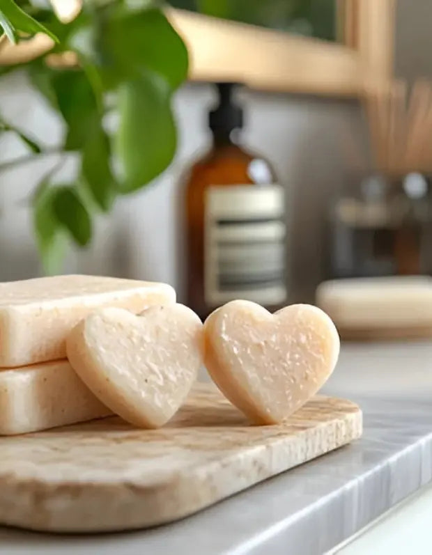 Heart-shaped soap on a marble board with a blurred background of bottles and plants.