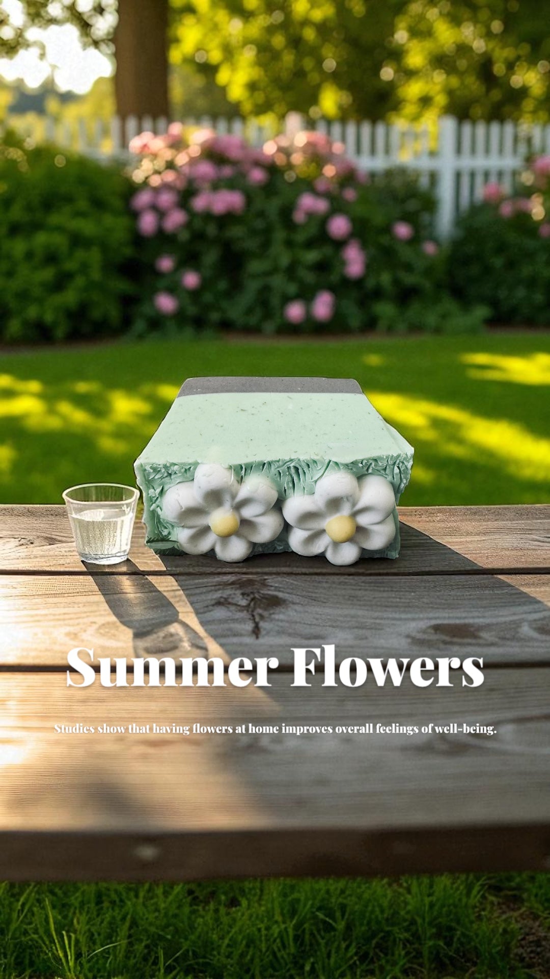 Decorative flower arrangement on a wooden table with a garden background