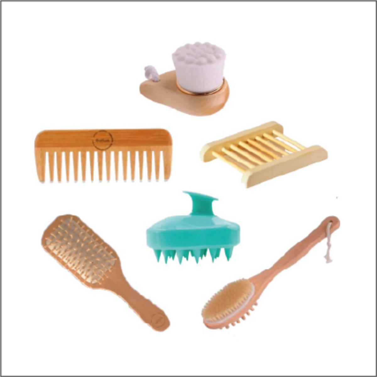 All six bamboo bath and body essentials grouped together on a white background