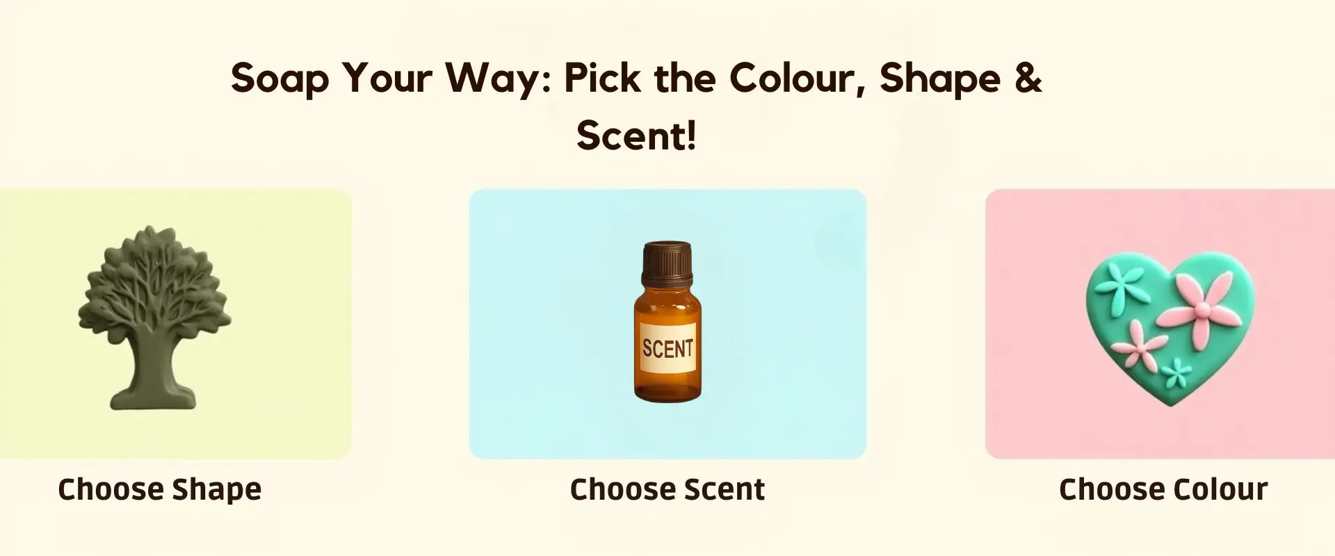 Soap-making customization options with shapes, scent, and color choices displayed.