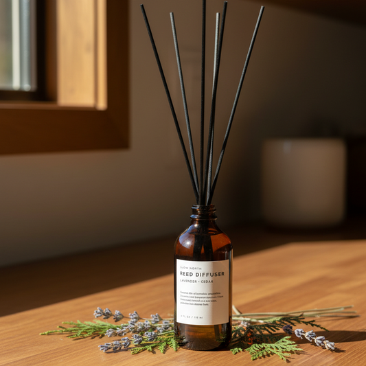 Lavender Cedar reed diffuser bottle with reeds styled on a wood table with sprigs of lavender and cedar
