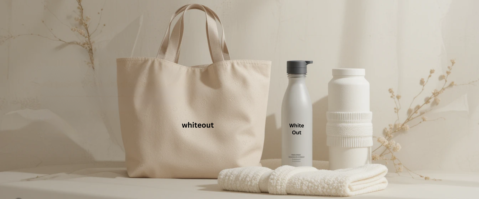 Beige tote bag, white bottles, and folded fabric on a light background