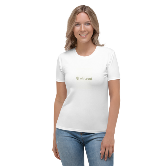 Woman wearing a white t-shirt with a logo on a white background