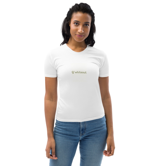 Woman wearing a white t-shirt with a logo on a white background