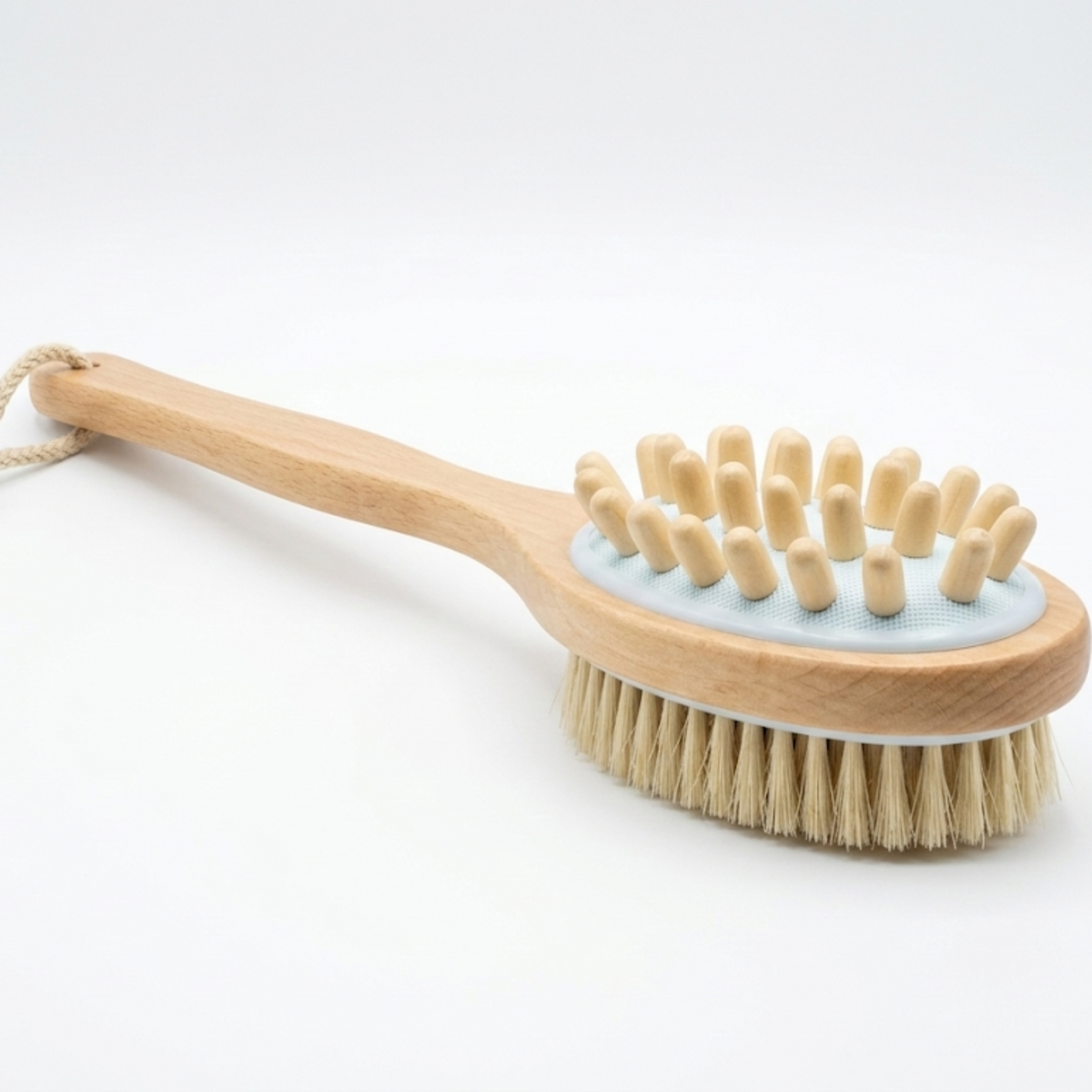  Natural bristle wooden body brush with a long handle on a white background
