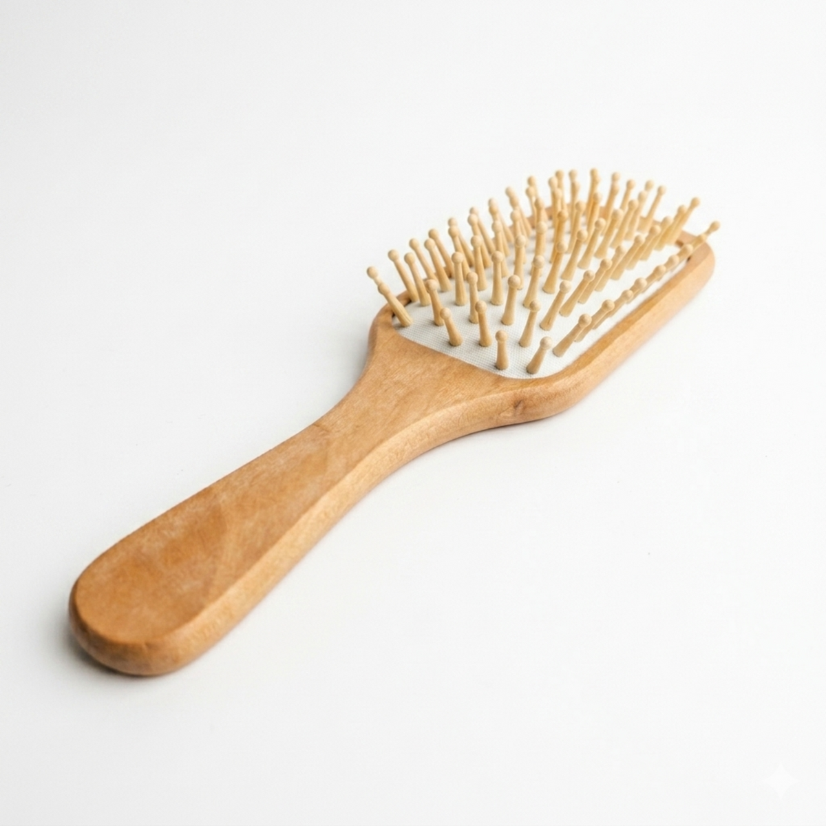  Wooden paddle hairbrush with rounded bristle tips on a white background