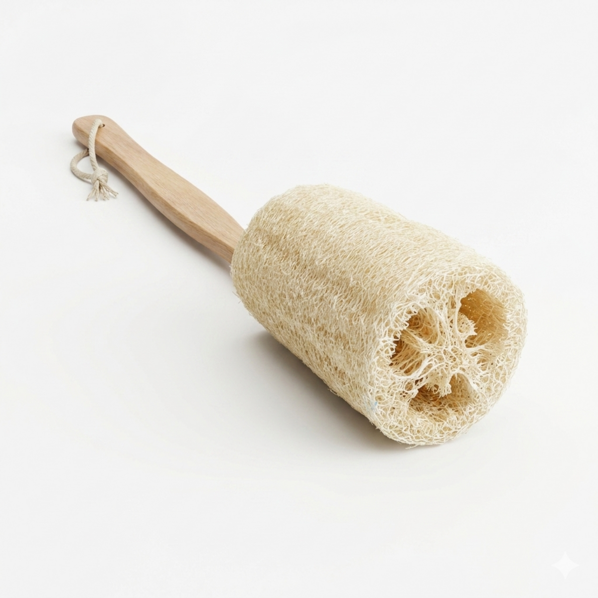 Natural loofah bath brush with a wooden handle on a white background