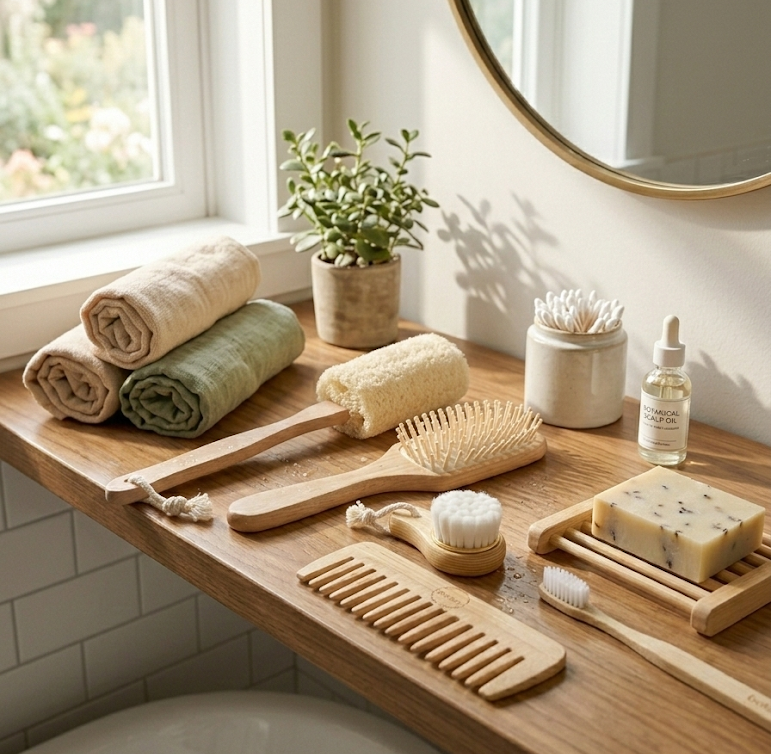  Bamboo bath accessories styled on a bathroom shelf with towels and a potted plant

