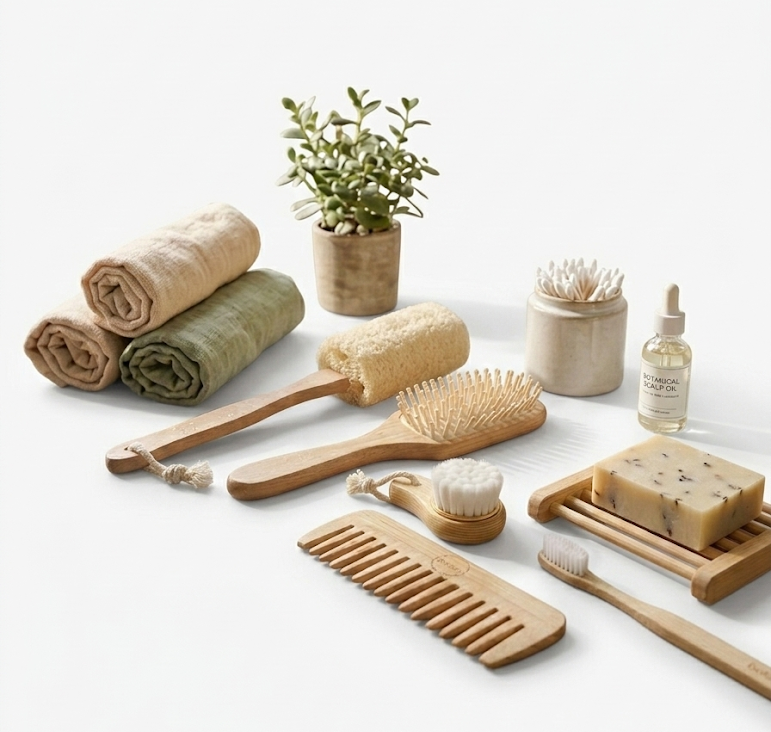 Zero waste bamboo bath accessories arranged with towels, a potted plant and a soap bar