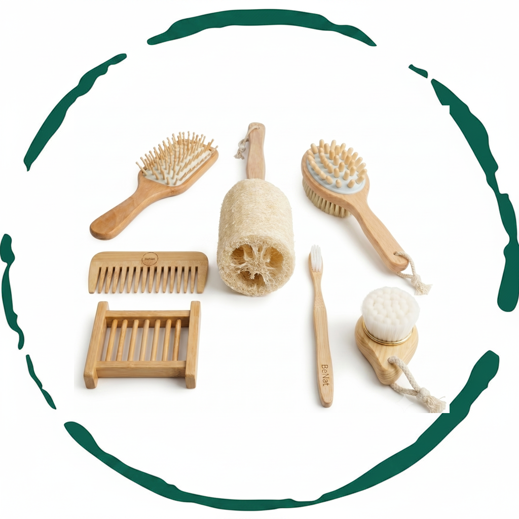 All seven zero waste bamboo bath accessories arranged in a circular badge graphic